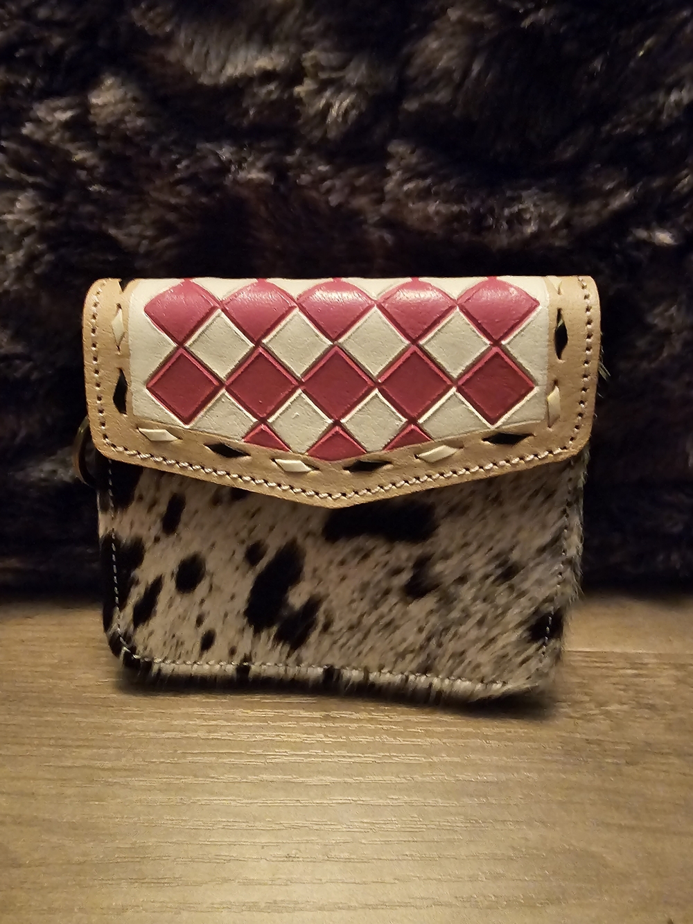 Pink and Cream Diamond-Accent Cowhide Crossbody Wallet